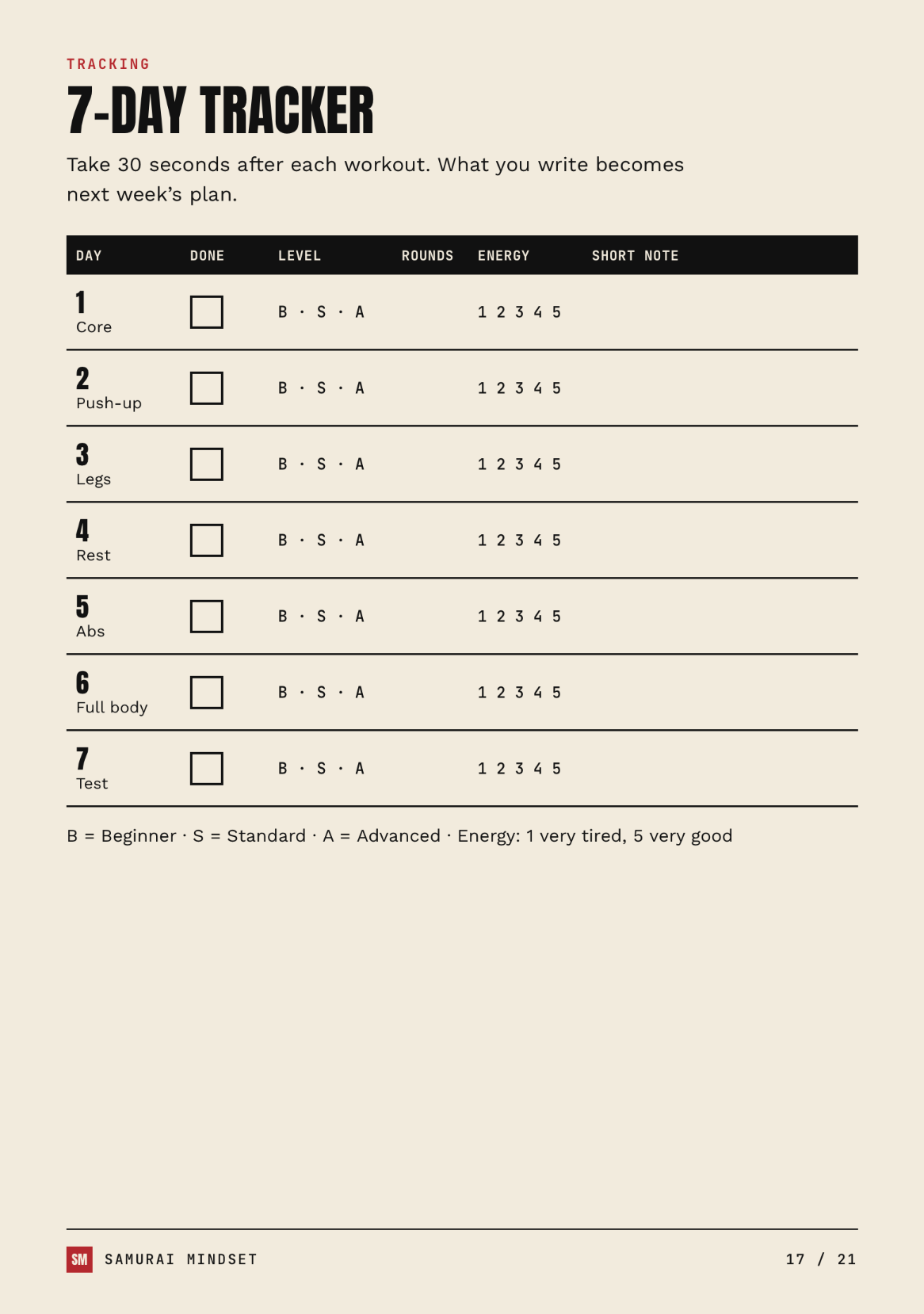 PDF page: 7-day progress tracker